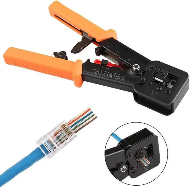 Alt view image 4 of 13 - EZ RJ45 Crimper Tool Pass Through Cutter With 50pcs Connectors for RJ45/RJ12 6P 8P Multi-Function Cable Cat5 Cat5e Cat6 Crimping tool Network Wire Stripper 5 blades