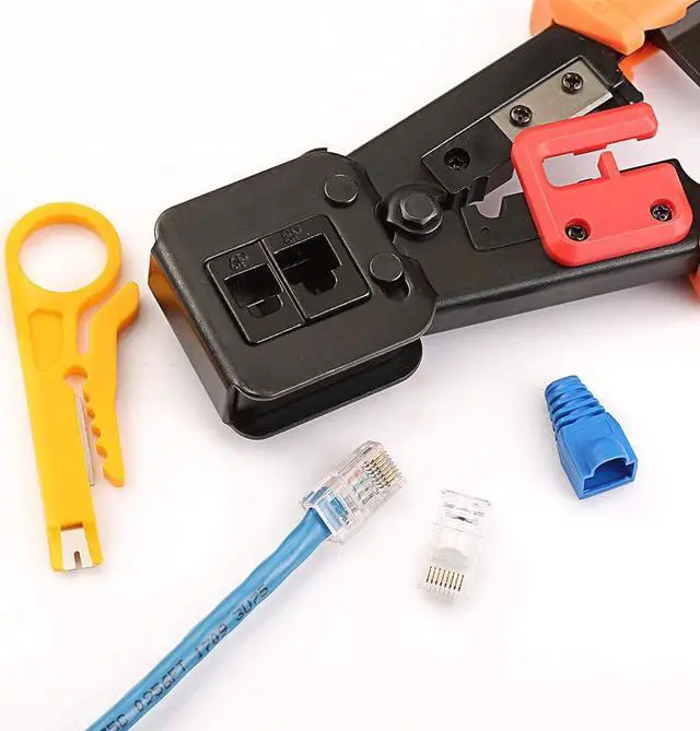 Alt view image 6 of 13 - EZ RJ45 Crimper Tool Pass Through Cutter With 50pcs Connectors for RJ45/RJ12 6P 8P Multi-Function Cable Cat5 Cat5e Cat6 Crimping tool Network Wire Stripper 5 blades