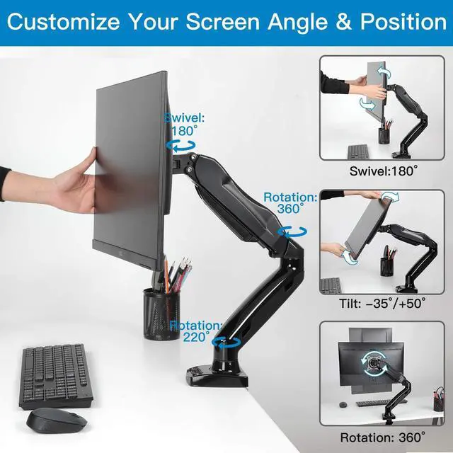Alt view image 4 of 6 - Single Monitor Mount - Articulating Gas Spring Monitor Arm, Adjustable VESA Mount Desk Stand with Clamp and Grommet Base - Fits 17 to 27 Inch LCD Computer Monitors 4.4 to 14.3lbs