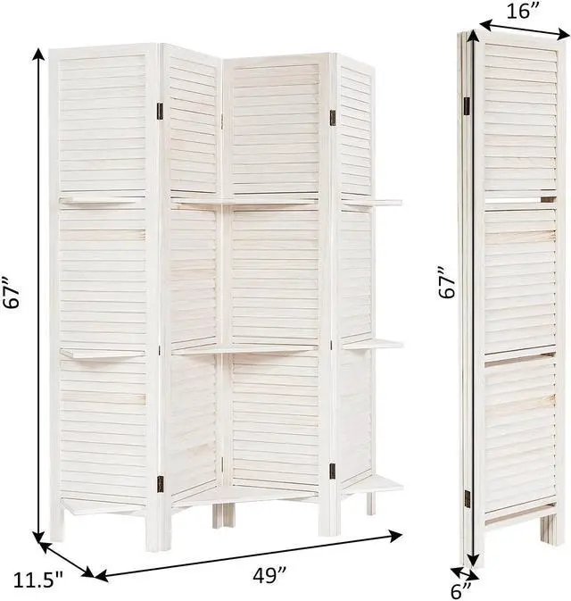 Alt view image 4 of 7 - Costway 4 Panel Folding Room Divider Screen W/3 Display Shelves 5.6 Ft Tall