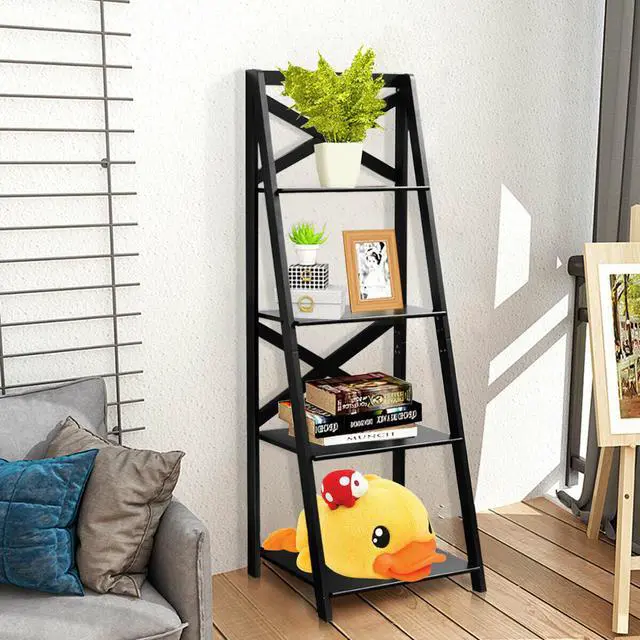 Alt view image 4 of 7 - Costway 4-Tier Ladder Shelf Bookshelf Bookcase Storage Display Leaning Home Office Decor