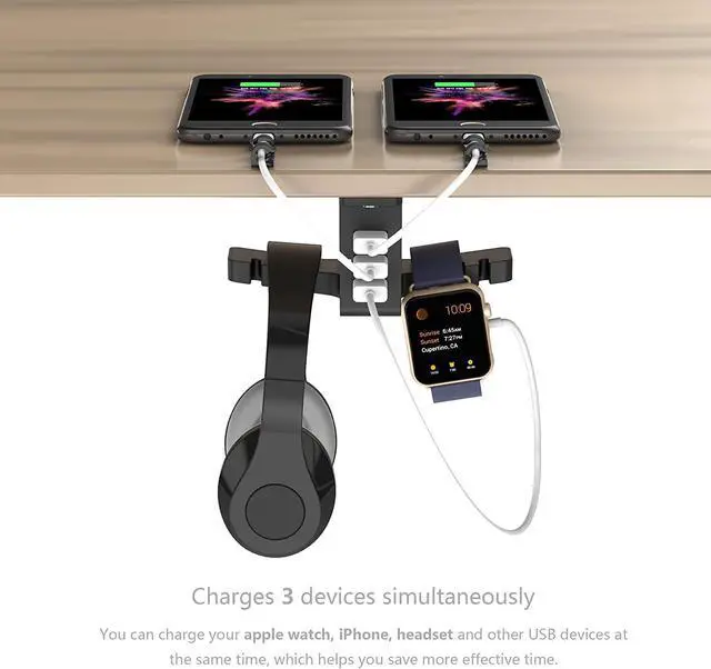 Alt view image 2 of 7 - Headphone Stand with USB Charger COZOO Under Desk Headset Holder Mount with 3 Port USB Charging Station and iWatch Stand Smart Watch Charging Dock Dual Earphone Hanger Hook,UL Tested
