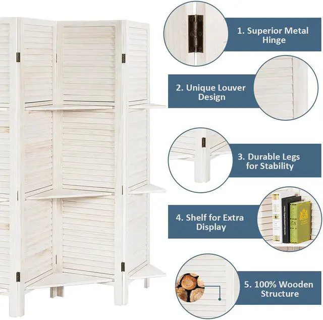 Alt view image 3 of 7 - Costway 4 Panel Folding Room Divider Screen W/3 Display Shelves 5.6 Ft Tall