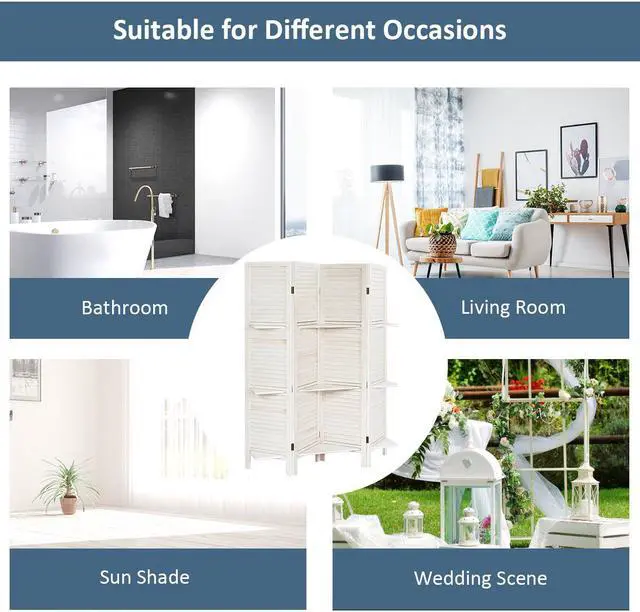 Alt view image 6 of 7 - Costway 4 Panel Folding Room Divider Screen W/3 Display Shelves 5.6 Ft Tall