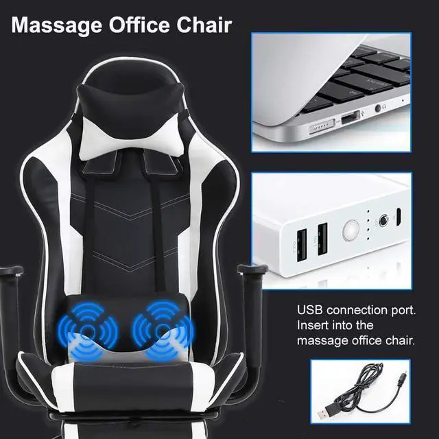 Alt view image 5 of 7 - PC Gaming Chair Office Chair Ergonomic Massage PU Leather Recliner Computer Chair with Lumbar Support Rolling Swivel Task Chair for Adults, White