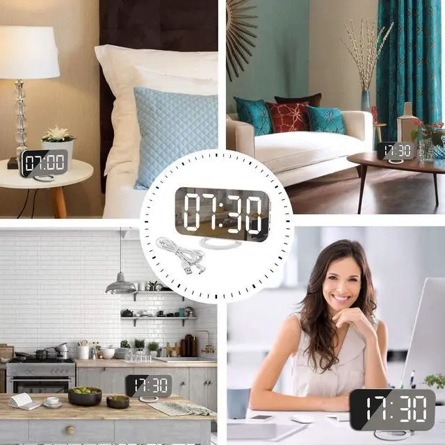 Alt view image 7 of 7 - SZELAM Digital Clock Large Display, LED Electric Alarm Clocks Mirror Surface for Makeup with Diming Mode, 3 Levels Brightness, Dual USB Ports Modern Decoration for Home Bedroom Decor-White