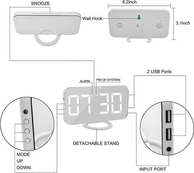 Alt view image 4 of 7 - SZELAM Digital Clock Large Display, LED Electric Alarm Clocks Mirror Surface for Makeup with Diming Mode, 3 Levels Brightness, Dual USB Ports Modern Decoration for Home Bedroom Decor-White