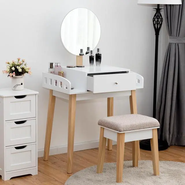 Alt view image 3 of 7 - Costway Wooden Vanity Makeup Dressing Table Stool Round w/Drawer