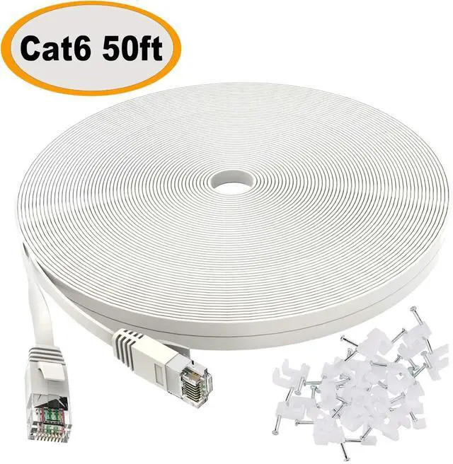 Main image of Cat 6 Ethernet Cable 50 ft White - Flat Internet Network Lan patch cords – Solid Cat6 High Speed Computer wire With clips& Snagless Rj45 Connectors for Router, modem – faster than Cat5e/Cat5 - 50 feet