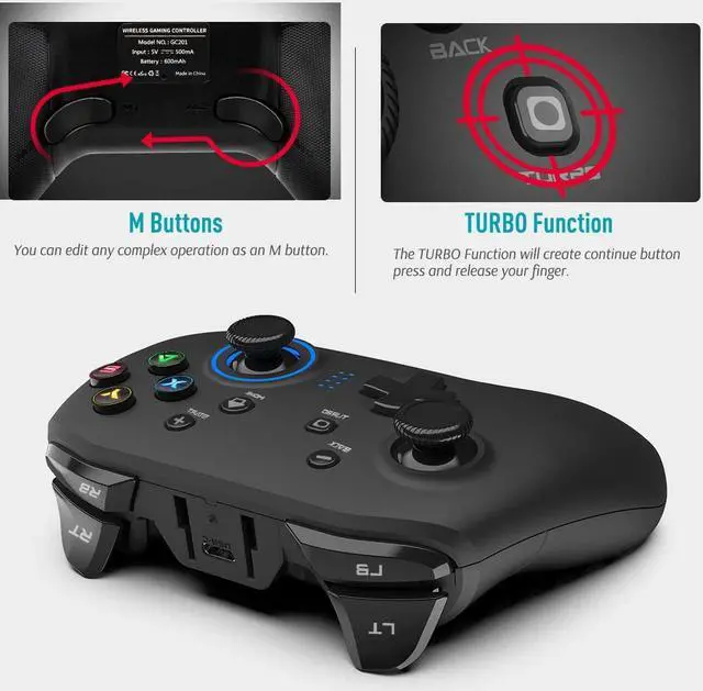 Alt view image 5 of 7 - Forty4 Wireless Gaming Controller, Dual-Vibration Joystick Gamepad Computer Game Controller for PC Windows 7/8/10, PS3,/Switch/TV Box/Laptop/Android Mobile Phones - Black