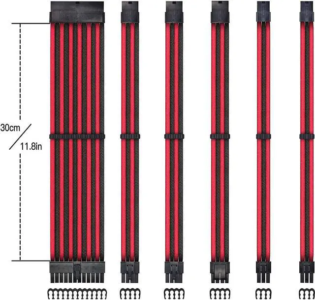 Alt view image 3 of 8 - PSU Cable Extension kit Sleeved Cable Custom Power Supply Sleeved Extension 16 AWG 24-PIN 8-PIN 6-PIN 4+4-PIN with Combs- Black/Red