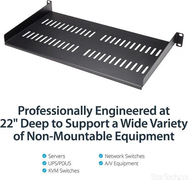 Alt view image 2 of 4 - 1U Vented Server Rack Mount Shelf - 10in Deep Steel Universal Cantilever Tray for 19" AV & Network Equipment Rack - 44lbs (CABSHELFV1U), 10" Depth