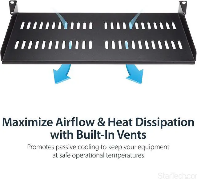 Alt view image 3 of 4 - 1U Vented Server Rack Mount Shelf - 10in Deep Steel Universal Cantilever Tray for 19" AV & Network Equipment Rack - 44lbs (CABSHELFV1U), 10" Depth