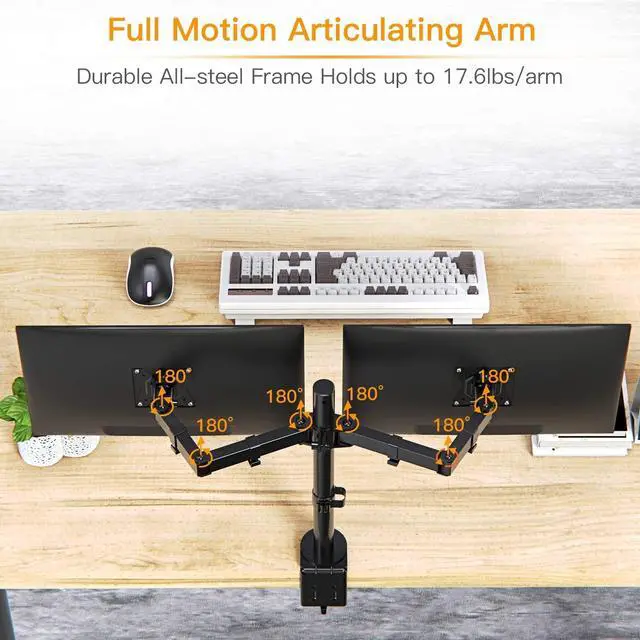 Alt view image 3 of 6 - 17-32" Dual Monitor Stand Mount, Heavy-Duty Fully Adjustable Desk Clamp Arms for Computer Screens, Loads up to 17.6lbs per arm w/Swivel and Tilt, 75/100mm VESA, Black