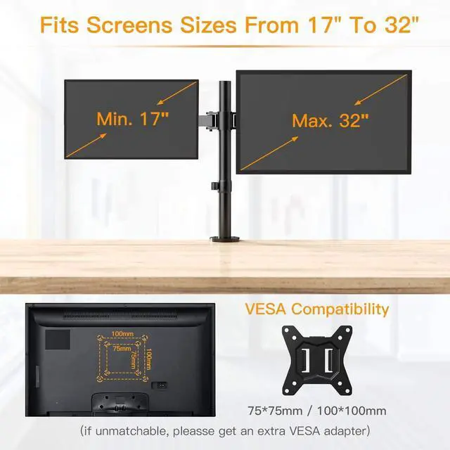 Alt view image 4 of 6 - 17-32" Dual Monitor Stand Mount, Heavy-Duty Fully Adjustable Desk Clamp Arms for Computer Screens, Loads up to 17.6lbs per arm w/Swivel and Tilt, 75/100mm VESA, Black