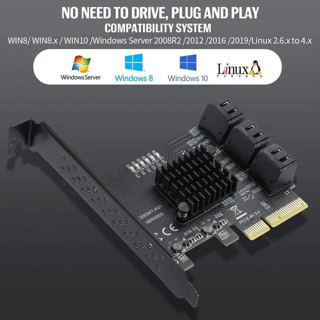 Alt view image 4 of 7 - PCIE 4X to 6 SATA Expansion Card, 6Gbps SATA3.0 Controller Card with LED Monitor Indicator, 6 SATA Cables, SATA 15 PIN 1 to 4 Power Cable for Win10/8/7/ XP/Vista/Lnux-ASM1166