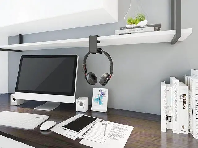 Alt view image 2 of 7 - PC Gaming Headset Headphone Hook Holder Hanger Mount Headphones Stand with Adjustable & Rotating Arm Clamp Under Desk Design Universal Fit Built in Cable Clip Organizer EURPMASK