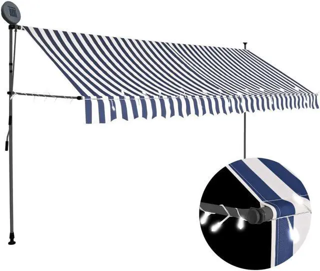 Alt view image 11 of 11 - vidaXL Retractable Awning Patio with Hand Crank and LED 137.8" Blue and White