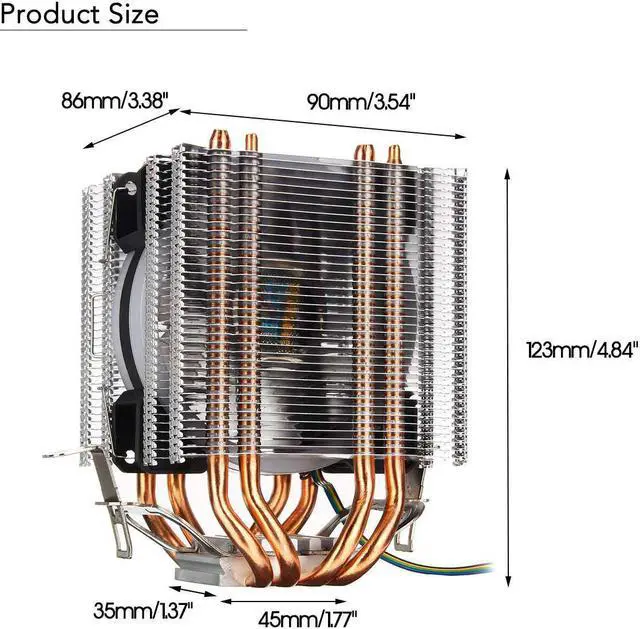 Alt view image 4 of 5 - 90mm 4 Heatpipe CPU Cooler Desktop Computer 4Pin RGB LED Fan Cooling Heatsink for Intel 775/1150/1151/1155/1156/1366 for AMD