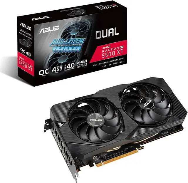 Main image of ASUS AMD Dual Radeon RX 5500 XT EVO OC Edition Gaming Graphics Card (PCIe 4.0, 4GB GDDR6 Memory, HDMI, DisplayPort, Full HD Gaming, Axial-tech Fan Design, Auto-Extreme, Metal Backplate)