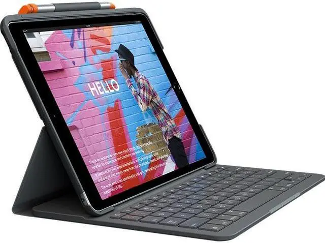 Alt view image 2 of 20 - Logitech iPad (7th Generation) Keyboard Case | Slim Folio with Integrated Wireless Keyboard (Graphite)
