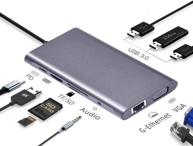 Alt view image 5 of 5 - 10in1 USB C Hub, Type-C laptop Docking station, Dual monitor/display, compatible with Windows, MacOS(Dual Video,3 USB3.0 Ports, DP, Gigabit Ethernet, Audio, SD/TF, etc), Tek-sailing TSDS1001