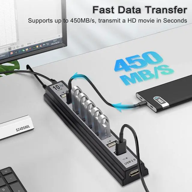 Alt view image 3 of 7 - Powered USB Hub 2.0 VIENON 10-Port USB Hub USB Extender Splitter (Support Smart Charging + Faster Data Transfer) with Individual LED Indicator Light for MacBook PC Laptop All-in-One