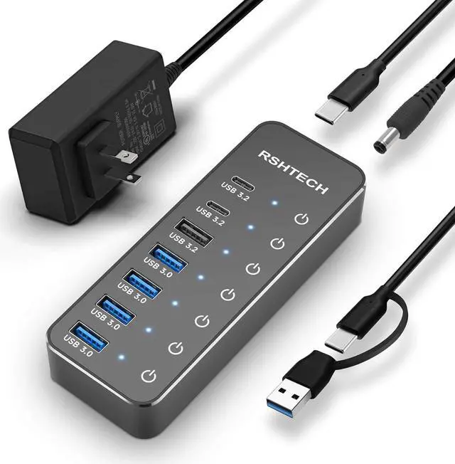Main image of 7-Port Powered USB 3.2/USB C Hub with 10Gbps USB-A 3.2 2 USB-C 3.2 4 USB 3.0 Ports Individual Touch Switches 3.3ft Cable and 5V Power Adapter USB Hub Splitter for Laptop/PC RSH-ST07C