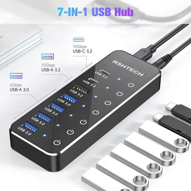 Alt view image 3 of 7 - 7-Port Powered USB 3.2/USB C Hub with 10Gbps USB-A 3.2 2 USB-C 3.2 4 USB 3.0 Ports Individual Touch Switches 3.3ft Cable and 5V Power Adapter USB Hub Splitter for Laptop/PC RSH-ST07C