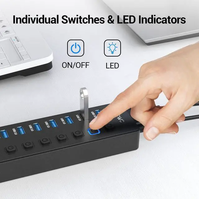 Alt view image 4 of 7 - 11-Port USB 3.0 Splitter (7 Data Transfer Ports + 4 Smart Charging Ports) Powered USB Hub with Individual LED On/Off Switches and 12V/3A Power Adapter