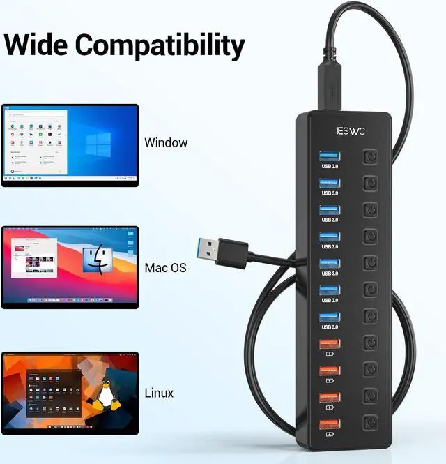 Alt view image 5 of 7 - 11-Port USB 3.0 Splitter (7 Data Transfer Ports + 4 Smart Charging Ports) Powered USB Hub with Individual LED On/Off Switches and 12V/3A Power Adapter