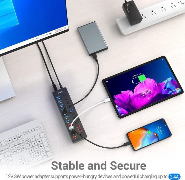 Alt view image 6 of 7 - 11-Port USB 3.0 Splitter (7 Data Transfer Ports + 4 Smart Charging Ports) Powered USB Hub with Individual LED On/Off Switches and 12V/3A Power Adapter