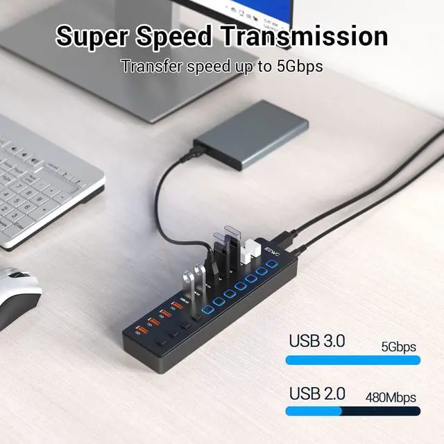 Alt view image 2 of 7 - 11-Port USB 3.0 Splitter (7 Data Transfer Ports + 4 Smart Charging Ports) Powered USB Hub with Individual LED On/Off Switches and 12V/3A Power Adapter