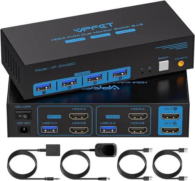 Main image of HDMI KVM Switch 2 Monitors 2 Computers 4K@60Hz USB 3.0 Dual Monitor KVM Switch 2 Ports for 2 PC Share 2 Screens and 4 USB Devices for Keybord Mouse Printer with Desktop Controller