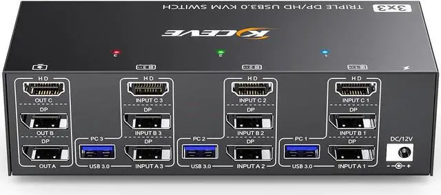 Main image of KVM Switch 3 Monitors 3 Computers 8K@60Hz 4K@144Hz, Camgeet HDMI+2 Displayport KVM Switch Triple Monitor for 3 Computer Share 3 Monitor and 4 USB3.0 Devices,Wired Remote and 12V power adapter Included