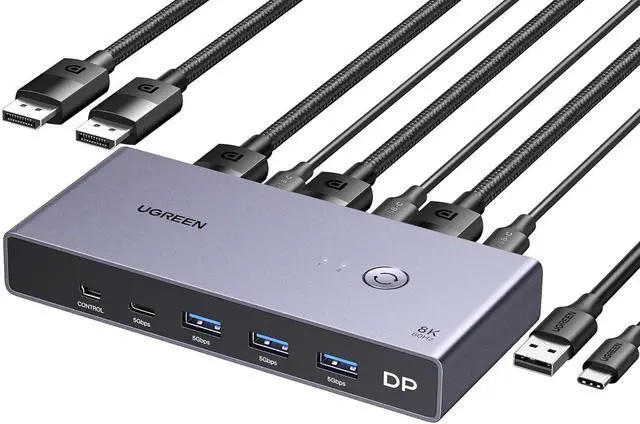 Main image of 8K Displayport KVM Switch 2 in 1 Out DP1.4 with 4 USB 3.0 Ports(3 USB-A + 1 USB-C) Support 8K@60Hz 4K@240Hz Share 1 Monitor Keyboard Mouse U-Disk Printer, with 2 DP Cables, 2 USB A to C Cables