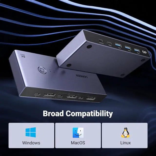 Alt view image 7 of 7 - 8K Displayport KVM Switch 2 in 1 Out DP1.4 with 4 USB 3.0 Ports(3 USB-A + 1 USB-C) Support 8K@60Hz 4K@240Hz Share 1 Monitor Keyboard Mouse U-Disk Printer, with 2 DP Cables, 2 USB A to C Cables