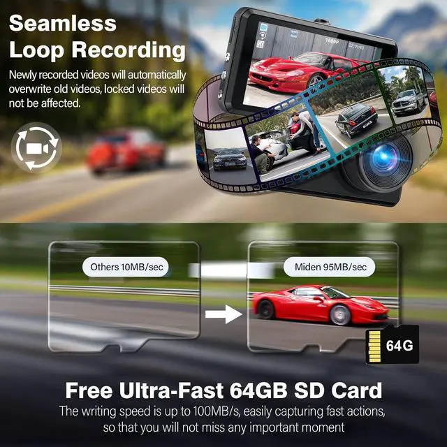Alt view image 4 of 7 - S7 2.5K Dash Cam Front and Rear,64G SD Card,1600P+1080P FHD Dual Dash Camera for Cars,176°+160° Wide Angle,3.2'' IPS Screen Dashcam,G-Sensor,Loop Recording,WDR,Night Vision,24H Parking Monitor