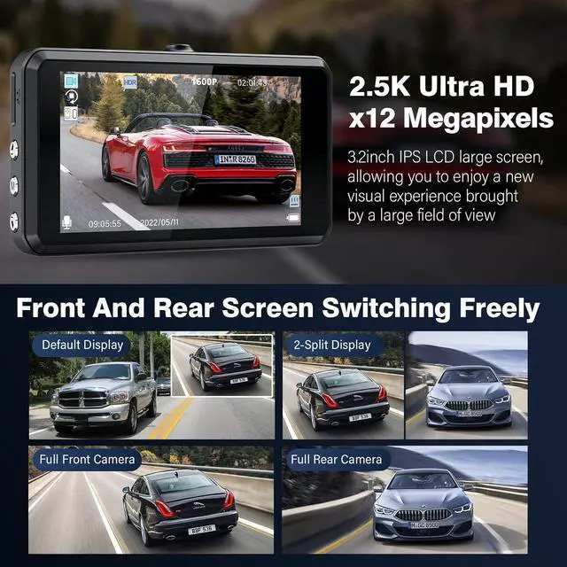Alt view image 7 of 7 - S7 2.5K Dash Cam Front and Rear,64G SD Card,1600P+1080P FHD Dual Dash Camera for Cars,176°+160° Wide Angle,3.2'' IPS Screen Dashcam,G-Sensor,Loop Recording,WDR,Night Vision,24H Parking Monitor