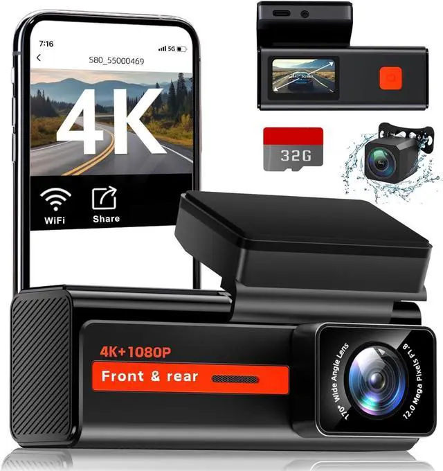 Main image of Dash Cam Front and Rear,  S80 4k+1080P Dual Dash Camera for Cars, WiFi Mini Car Camera,1.47 Display Dashcam,170°Wide, Night Vision,24H Parking Mode, G-Sensor,Loop Recording, Free 32G Card, App
