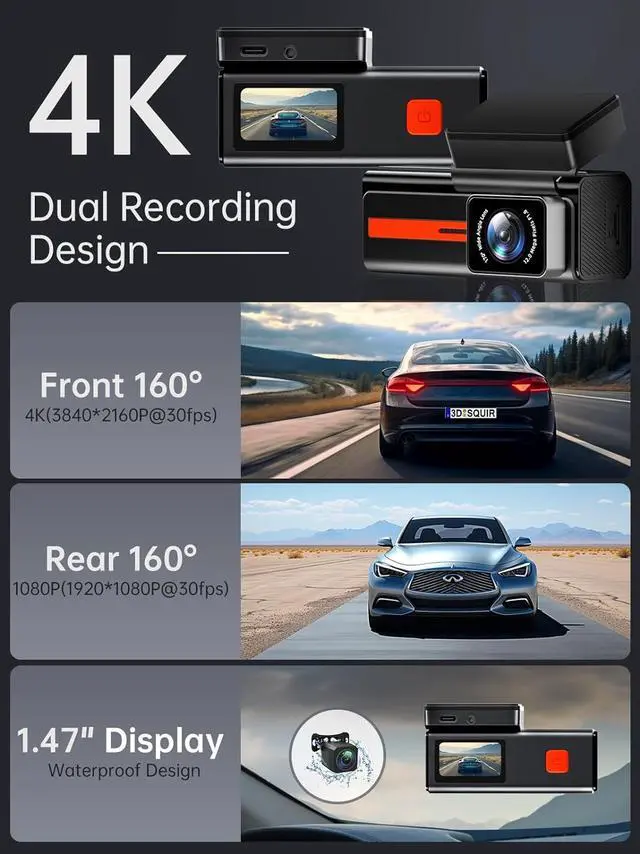 Alt view image 3 of 7 - Dash Cam Front and Rear,  S80 4k+1080P Dual Dash Camera for Cars, WiFi Mini Car Camera,1.47 Display Dashcam,170°Wide, Night Vision,24H Parking Mode, G-Sensor,Loop Recording, Free 32G Card, App