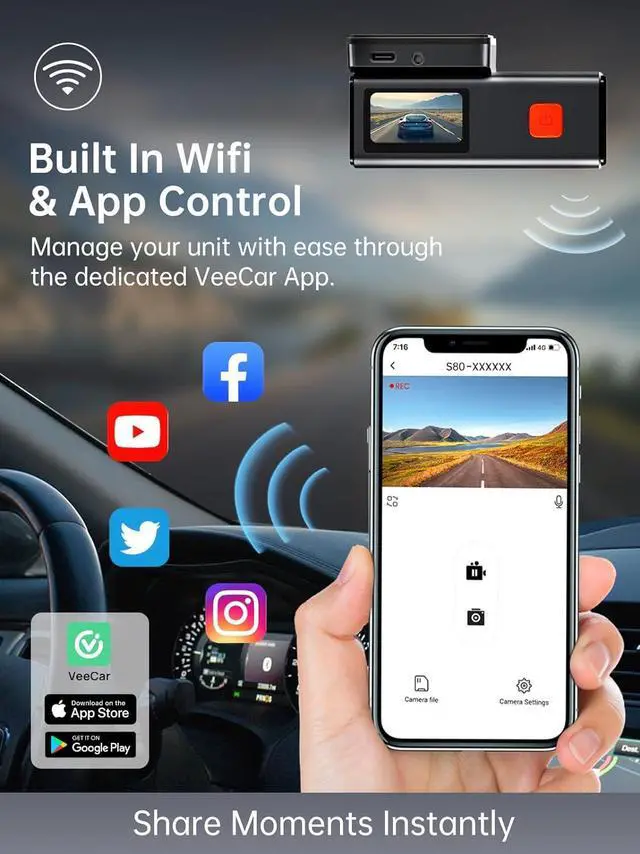 Alt view image 4 of 7 - Dash Cam Front and Rear,  S80 4k+1080P Dual Dash Camera for Cars, WiFi Mini Car Camera,1.47 Display Dashcam,170°Wide, Night Vision,24H Parking Mode, G-Sensor,Loop Recording, Free 32G Card, App