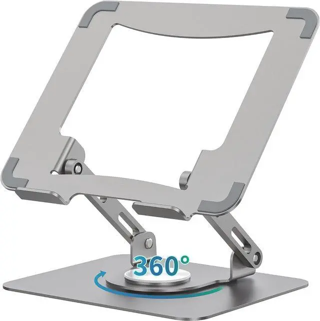 Main image of Laptop Stand with 360° Rotating Base Ergonomic Computer Riser for Desk Adjutable Height Muti-Angle Foldable Laptop Mount Stable Metal Holder Support 10-15.6 Notebook PC Silver Grey
