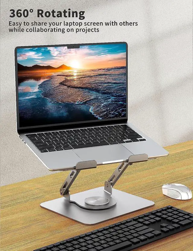 Alt view image 2 of 7 - Laptop Stand with 360° Rotating Base Ergonomic Computer Riser for Desk Adjutable Height Muti-Angle Foldable Laptop Mount Stable Metal Holder Support 10-15.6 Notebook PC Silver Grey