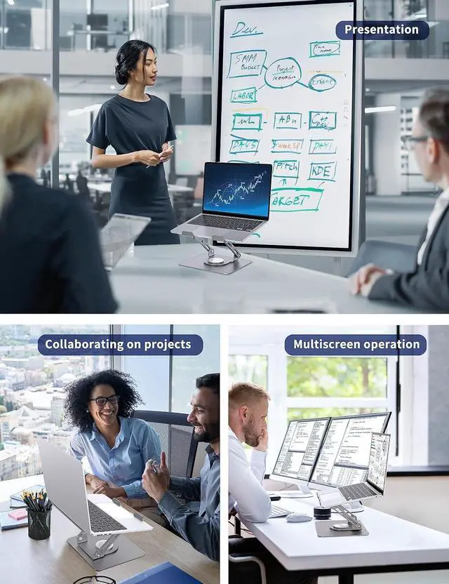 Alt view image 3 of 7 - Laptop Stand with 360° Rotating Base Ergonomic Computer Riser for Desk Adjutable Height Muti-Angle Foldable Laptop Mount Stable Metal Holder Support 10-15.6 Notebook PC Silver Grey