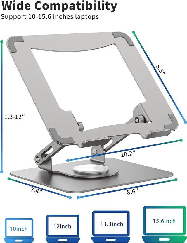 Alt view image 4 of 7 - Laptop Stand with 360° Rotating Base Ergonomic Computer Riser for Desk Adjutable Height Muti-Angle Foldable Laptop Mount Stable Metal Holder Support 10-15.6 Notebook PC Silver Grey