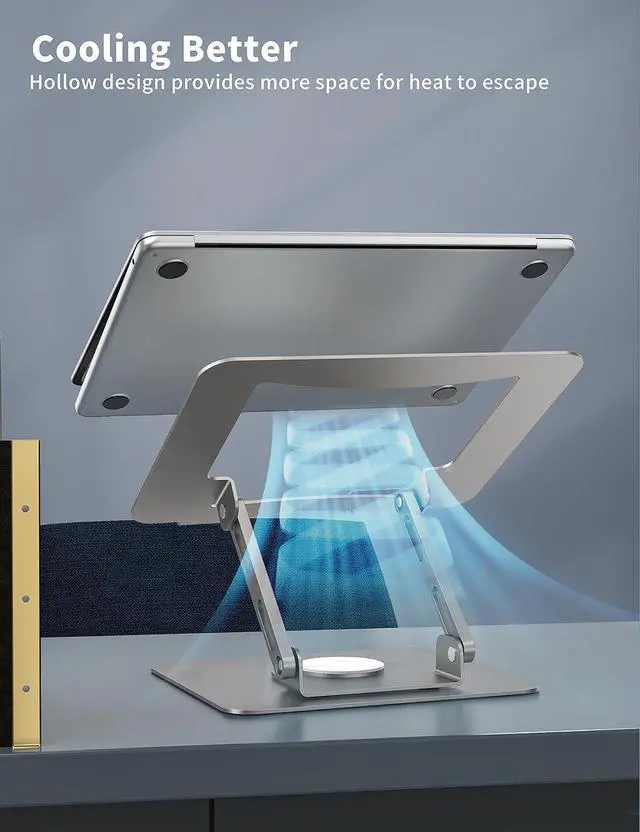 Alt view image 7 of 7 - Laptop Stand with 360° Rotating Base Ergonomic Computer Riser for Desk Adjutable Height Muti-Angle Foldable Laptop Mount Stable Metal Holder Support 10-15.6 Notebook PC Silver Grey