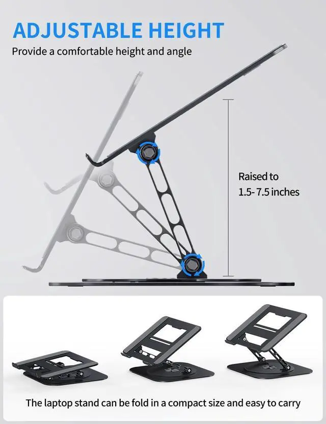 Alt view image 3 of 7 - Adjustable Laptop Stand with 360 Rotating Base Computer Stand for Laptop Ergonimic Foldable Laptop Riser for Desk Compatible with MacBook Pro/Air Notebook up to 16 Inches Black