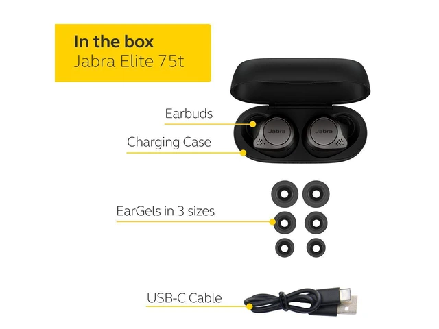 Alt view image 7 of 7 - Jabra Elite 75t Voice Assistant Earbuds True Wireless Earbuds with Charging Case, Titanium Black Bluetooth Earbuds with a More Comfortable, Secure Fit, Long Battery Life and Great Sound Quality