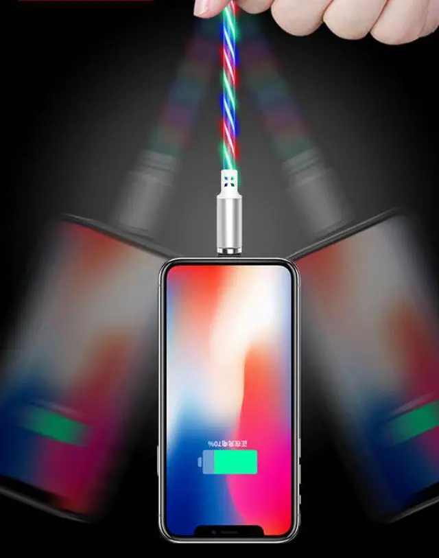 Alt view image 3 of 7 - 3 in 1 colorful LED Flowing Magnetic Charger Blue Cable Light Up Candy Moving Party Shining Charger Phone Charging Cable Magnetic Streamer Absorption USB Snap Quick Connect 3 in 1 USB Cable